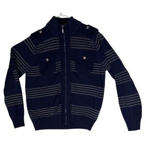 X Brand Mens Navy Blue Grey Striped Full Zip Mock Neck Cardigan Sweater Large